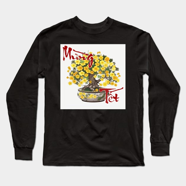 Mung Tet, Lunar New Year, Calligraphy + AI Art, Hoa Mai Long Sleeve T-Shirt by AZNSnackShop